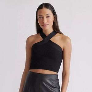 T ALEXANDER WANG Black‎ Ribbed Cross Strap Tank Crop Top L Stretch Minimalist